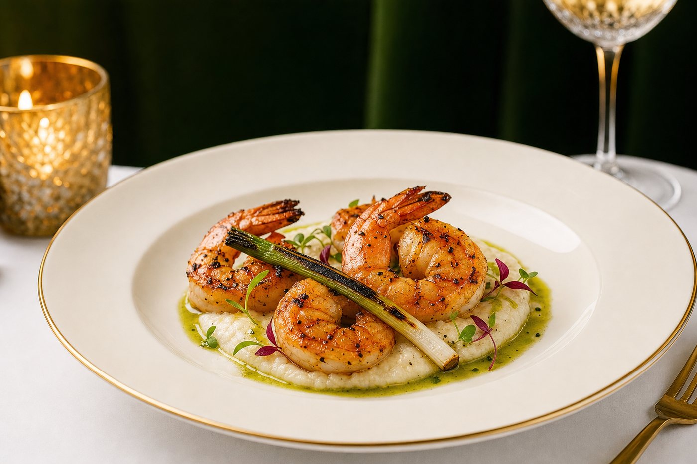 Shrimp and grits in a dark ceramic bowl